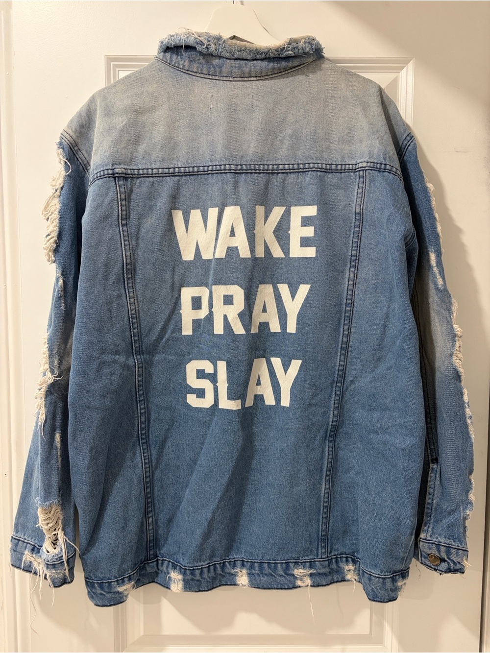 Fashion Nova Denim Statement Jacket - Light Blue "Wake Pray Slay"